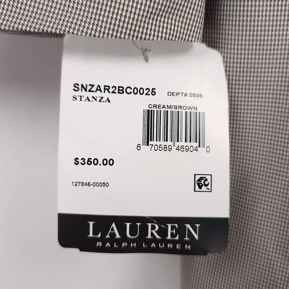 Lauren Ralph Lauren Mens Stanza Classic Fit Raincoat 36R Cream Brown Houndstooth